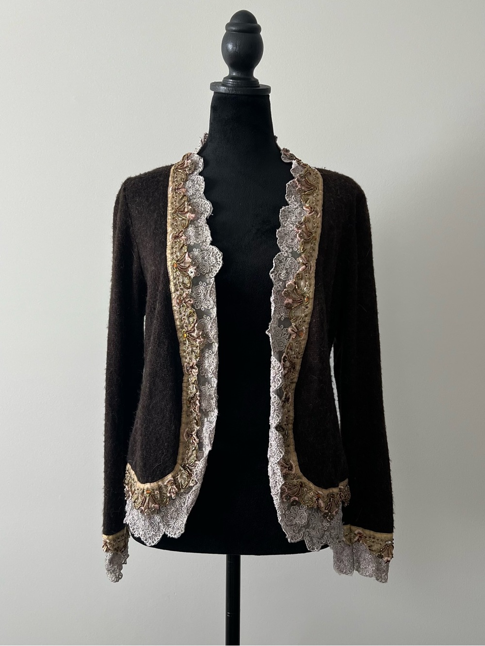Boho Embellished Beaded Chocolate Brown Cardigan with Lace Trim